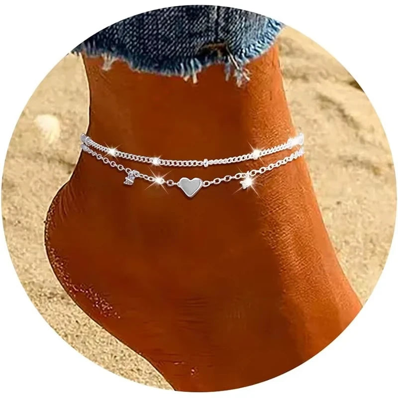 Heart Charm Layered Anklet