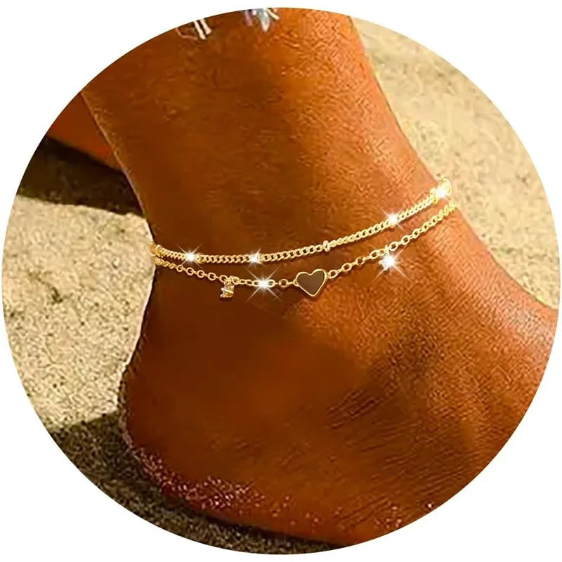 Heart Charm Layered Anklet