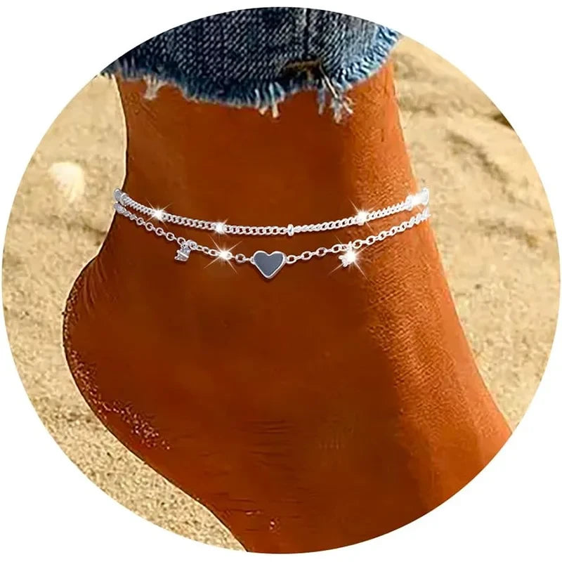 Heart Charm Layered Anklet